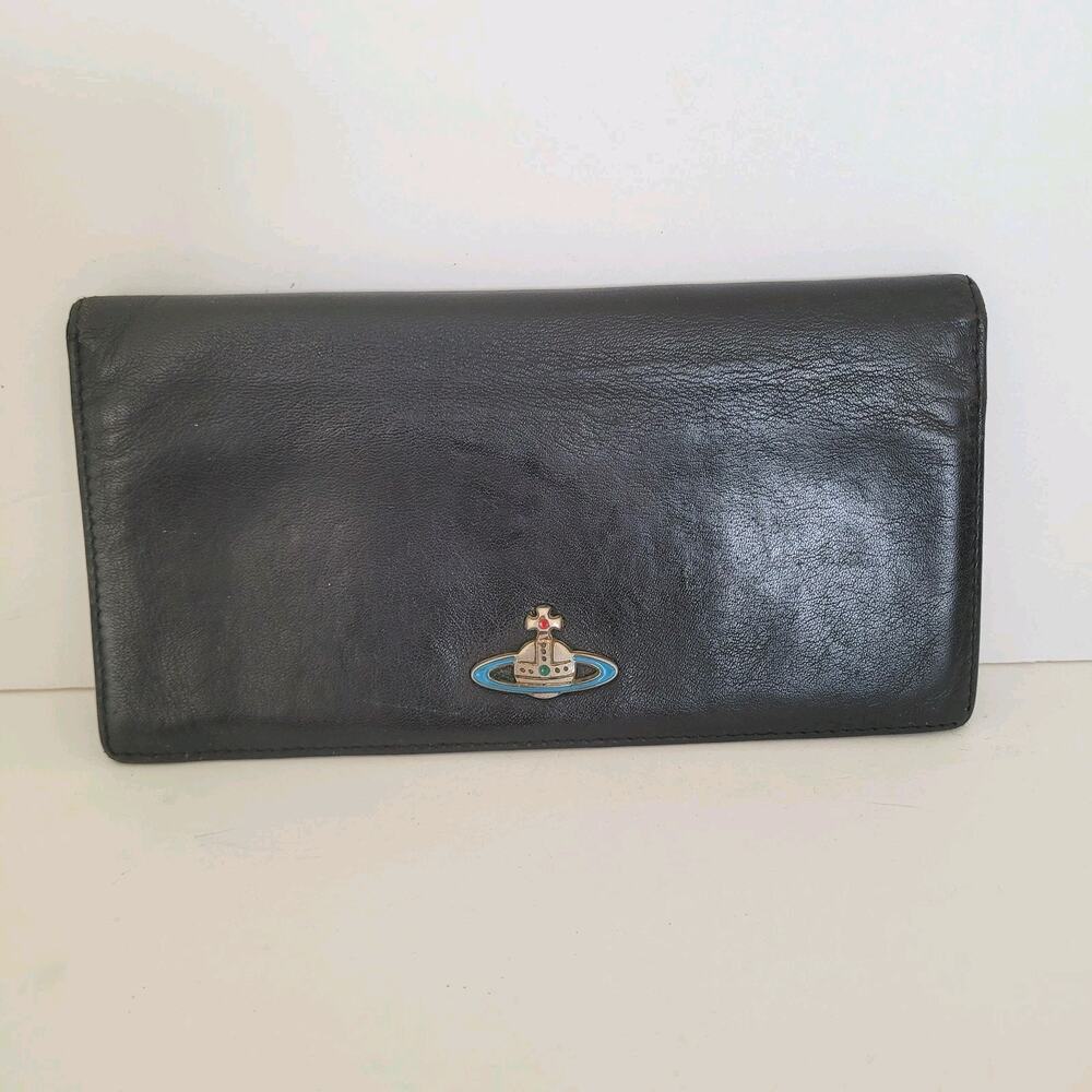 Vivienne Westwood Wallet Bifold Black‎ Large Logo Orbit Leather Unisex Long